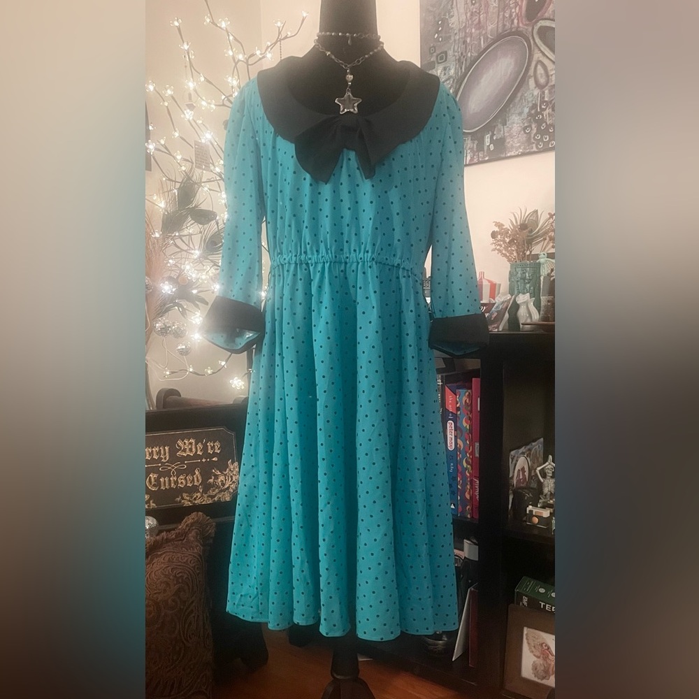 True Vintage Sears Teal Polka Dot Secretary Party Dress with Black Bow 16/18